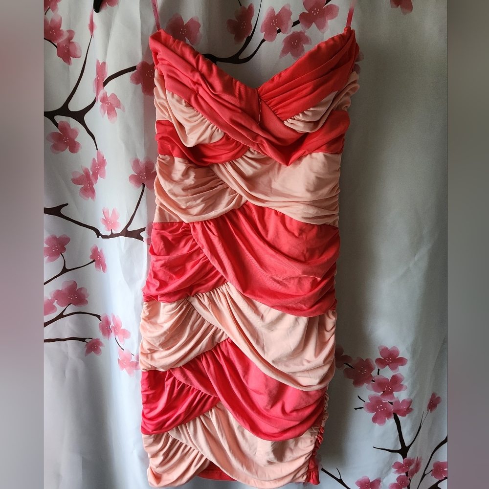 NIP Women's Katia Sweetheart Strapless Coral Peach Two Tone Ruched Dress Small